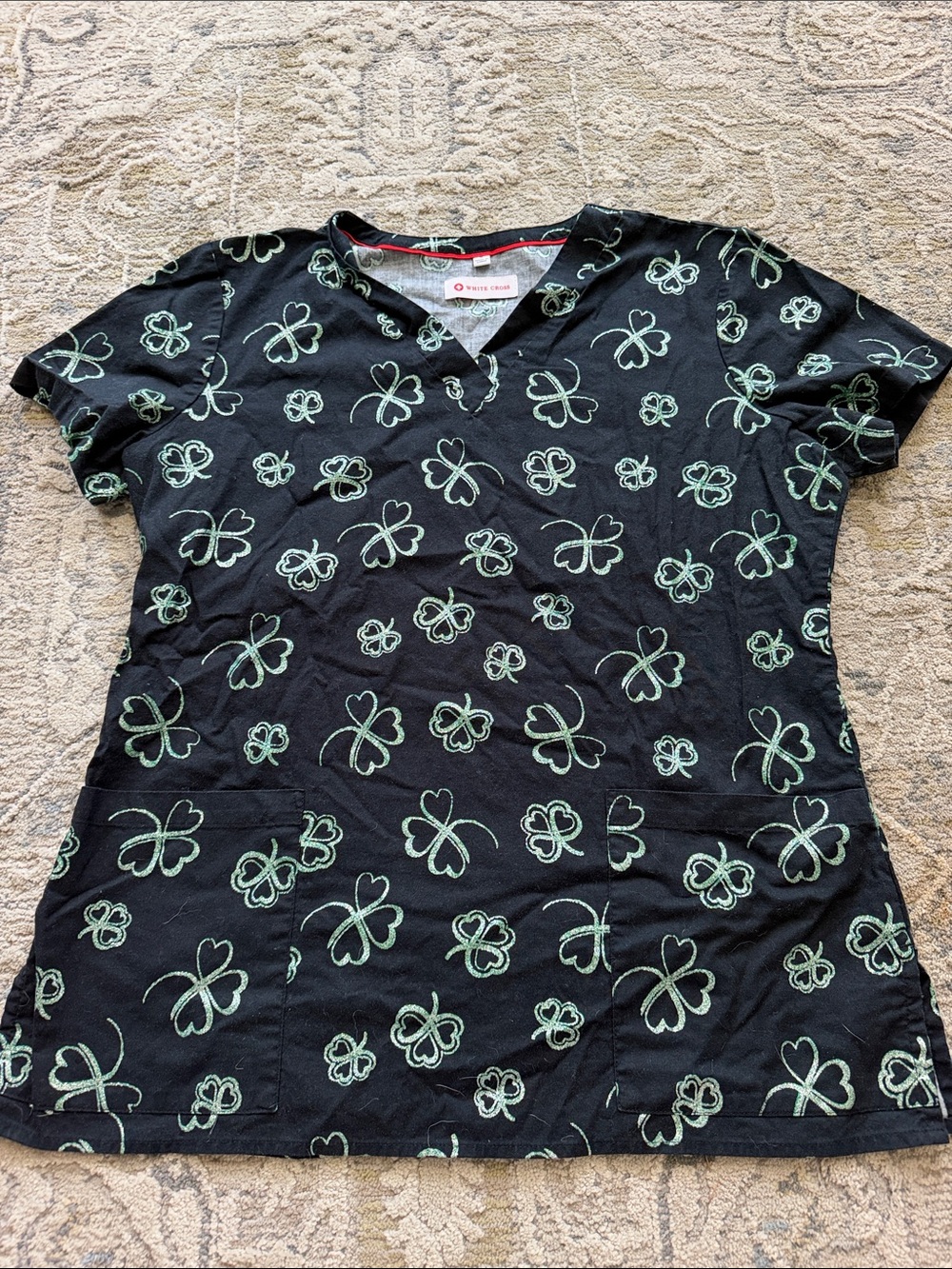 White Cross Black Short Sleeve Top with Mint Green Clover Print
